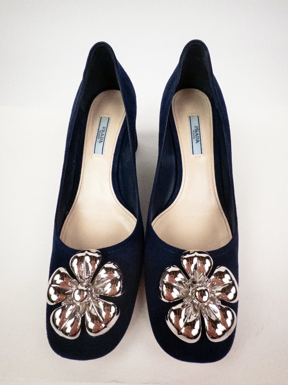Prada Navy Suede Silver Flower Applique Block Heel Pump Sz 39.5